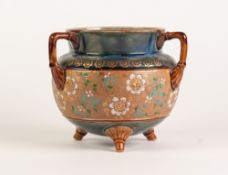 DOULTON LAMBETH SLATER'S PATENT THREE HANDLED POTTERY PLANTER, of cauldron form painted in colours