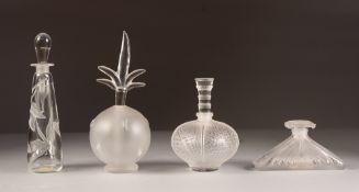 'LALIQUE' FROSTED AND MOULDED CLEAR GLASS PERFUME BOTTLE, of orbicular, footed form with tall,