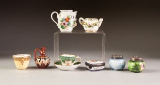 NINE PIECES OF NINETEENTH CENTURY AND LATER SMALL CERAMICS, comprising: FLORAL ENCRUSTED JUG,