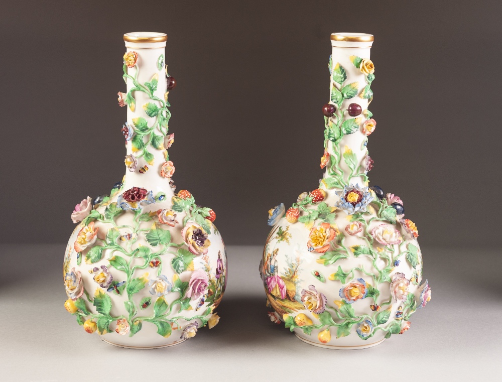 A PAIR OF LATE NINETEENTH CENTURY DRESDEN PORCELAIN BOTTLE SHAPED VASES, each encrusted with - Image 2 of 3