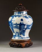 NINETEENTH CENTURY CHINESE BLUE AND WHITE PORCELAIN GINGER JAR AND COVER, of waisted form, painted