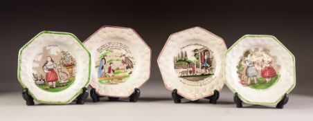 FOUR NINETEENTH CENTURY CHILD'S POTTERY PLATES, each of octagonal outline with printed and washed