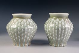 PAIR OF PILKINGTONS ROYAL LANCASTRIAN CURDLED AND FEATHER GLAZED POTTERY VASES BY JOHN BRANNAN, each