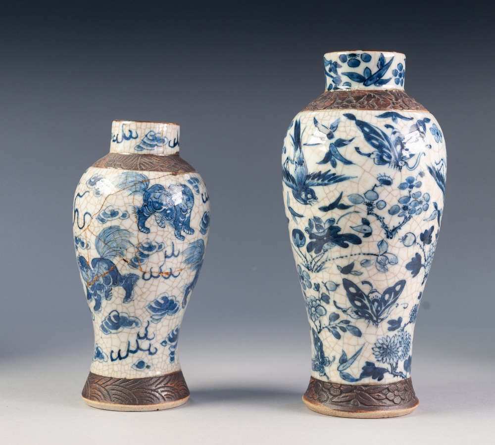 CHINESE CRACKLE WARE SLENDER OVULAR BLUE AND WHITE VASE, painted autour with butterflies, birds - Image 3 of 4