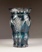 VAL ST. LAMBERT BLUE STAINED AND FLASH CUT GLASS VASE, of oviform with flared rim, etched mark, 8 ½"