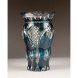 VAL ST. LAMBERT BLUE STAINED AND FLASH CUT GLASS VASE, of oviform with flared rim, etched mark, 8 ½"