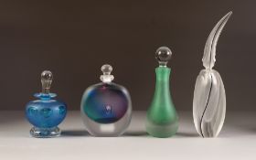 JANE CHARLES SPECKLED MATT BLUE TINTED GLASS PERFUME BOTTLE AND STOPPER, 5" (12.7cm) high overall,