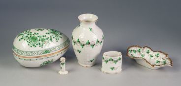 FIVE PIECES OF HEREND, HUNGARIAN PORCELAIN, FLORAL PAINTED IN GREEN, including: EGG SHAPED BOX AND