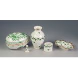 FIVE PIECES OF HEREND, HUNGARIAN PORCELAIN, FLORAL PAINTED IN GREEN, including: EGG SHAPED BOX AND