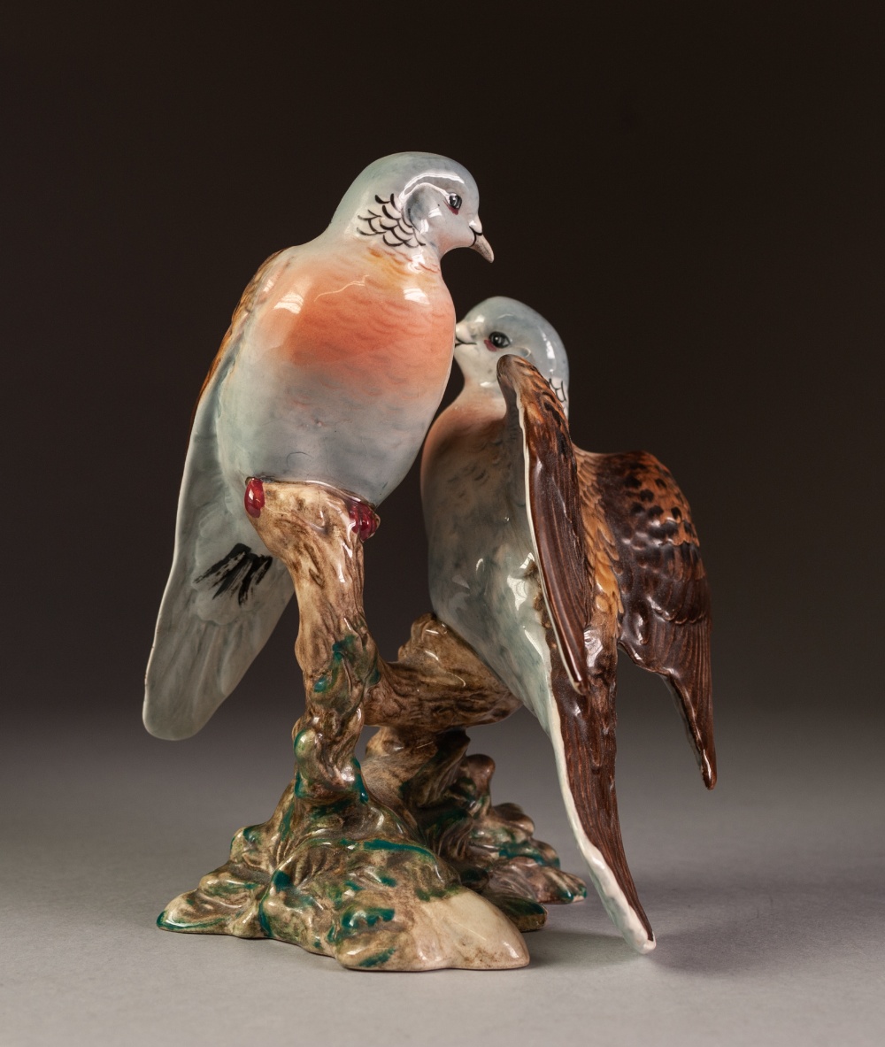 BESWICK POTTERY GROUP OF TWO BIRDS, modelled perched on a branch, one with wings open, 7 ½" (19cm) - Image 4 of 5