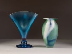 FENTON FOR THE MUSEUM OF MODERN ART, REPRODUCTION IRIDESCENT BLUE FAN SHAPED GLASS VASE, 8 ½" (21.