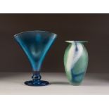 FENTON FOR THE MUSEUM OF MODERN ART, REPRODUCTION IRIDESCENT BLUE FAN SHAPED GLASS VASE, 8 ½" (21.