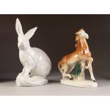 HEREND, HUNGARIAN WHITE PORCELAIN MODEL OF A SEATED RABBIT, 12" (30.5cm) high, together with a