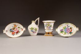 FOUR SMALL PIECES OF HEREND, HUNGARIAN FLORAL PAINTED PORCELAIN, comprising: TWO OVAL ASHTRAYS, EWER