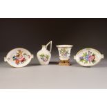 FOUR SMALL PIECES OF HEREND, HUNGARIAN FLORAL PAINTED PORCELAIN, comprising: TWO OVAL ASHTRAYS, EWER