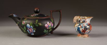 NINETEENTH CENTURY WEDGWOOD BLACK BASALT SMALL TEAPOT, with angular scroll handle, floral painted in