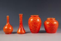 FOUR PILKINGTONS ROYAL LANCASTRIAN ORANGE VERMILLION GLAZED POTTERY SMALL VASES, comprising: one