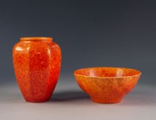 TWO PIECES OF PILKINGTONS LANCASTRIAN ORANGE VERMILLION GLAZED POTTERY, comprising: LOBATED OVOID