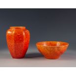 TWO PIECES OF PILKINGTONS LANCASTRIAN ORANGE VERMILLION GLAZED POTTERY, comprising: LOBATED OVOID