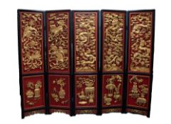 IMPRESSIVE MODERN CHINESE CARVED GILT WOOD AND RED LACQUERED FIVE FOLD SCREEN AND MATCHING THREE