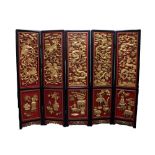 IMPRESSIVE MODERN CHINESE CARVED GILT WOOD AND RED LACQUERED FIVE FOLD SCREEN AND MATCHING THREE