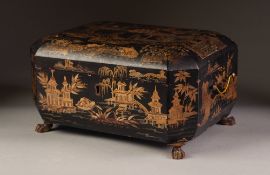 LATE NINETEENTH/ EARLY TWENTIETH CENTURY CHINESE BLACK LACQUERED AND GILT PAINTED SEWING BOX, of