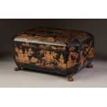 LATE NINETEENTH/ EARLY TWENTIETH CENTURY CHINESE BLACK LACQUERED AND GILT PAINTED SEWING BOX, of