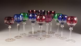 SET OF SIX CUT HOCK GLASSES, WITH FLASH CUT HARLEQUIN BOWLS, together with SIX SIMILAR GLASSES, (