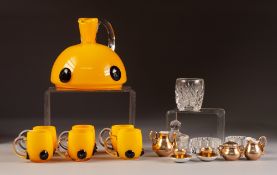 STYLISH YELLOW CASED GLASS EWER AND SET OF SIX MATCHING TOT GLASSES, the ewer of domed form with