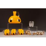 STYLISH YELLOW CASED GLASS EWER AND SET OF SIX MATCHING TOT GLASSES, the ewer of domed form with