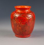 PILKINGTONS ROYAL LANCASTRIAN ORANGE VERMILLION GLAZED MOULDED POTTERY VASE BY RICHARD JOYCE, of