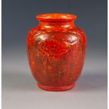 PILKINGTONS ROYAL LANCASTRIAN ORANGE VERMILLION GLAZED MOULDED POTTERY VASE BY RICHARD JOYCE, of