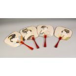 SET OF FOUR JAPANESE CARD SMALL FANS, each of square form with red wood handle, decorated with a