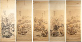SET OF FIVE CHINESE BLACK PRINTED AND WASHED SCROLL WALL HANGINGS, each depicting figures in
