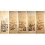 SET OF FIVE CHINESE BLACK PRINTED AND WASHED SCROLL WALL HANGINGS, each depicting figures in