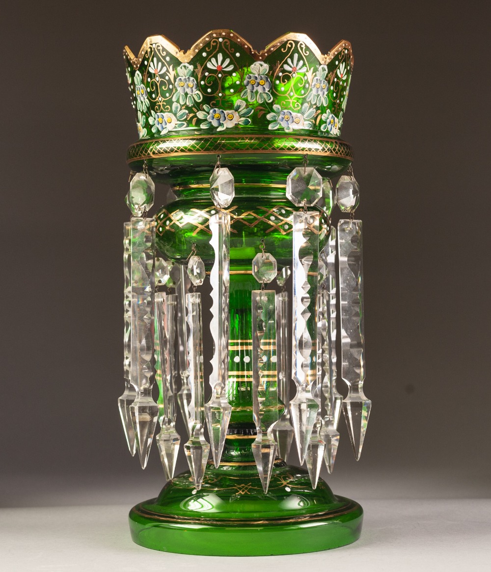 VICTORIAN GREEN TINTED GLASS TABLE LUSTRE, of typical form with angular wavy rim and prismatic