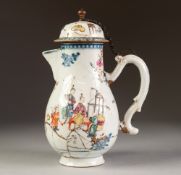 CHINESE KANGXI PERIOD FAMILLE ROSE ENAMELLED PORCELAIN JUG AND COVER, of footed baluster form with