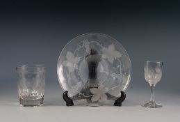 SET OF SIX NINETEENTH CENTURY GLASS DESSERT PLATES, the underside wheel engraved with fruiting