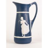 METTLACH PATE SUR PATE POTTERY JUG, of tapering form with angular scroll handle, applied in white