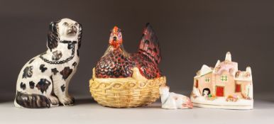 FOUR PIECES OF NINETEENTH CENTURY AND LATER STAFFORDSHIRE POTTERY, comprising: 'HEN ON NEST' bowl