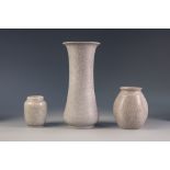 THREE PILKINGTONS ROYAL LANCASTRIAN MOTTLED GREY MATT GLAZED POTTERY VASES, comprising: one of