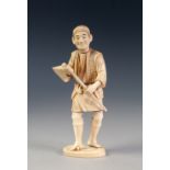 EARLY TWENTIETH CENTURY ORIENTAL CARVED SECTIONAL IVORY FIGURE OF A WOODSMAN, modelled standing