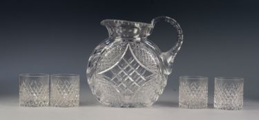 LARGE AND HEAVY CUT GLASS WATER JUG, moon flask shaped, 9" high and SET OF EIGHT DIAMOND CUT GLASS