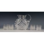 LARGE AND HEAVY CUT GLASS WATER JUG, moon flask shaped, 9" high and SET OF EIGHT DIAMOND CUT GLASS