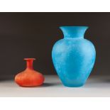 MATT ORANGE GLASS VASE, of squat form, 4 ½" (11.4cm) high, together with a SIMILAR, LARGER EXAMPLE