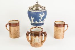 PAIR OF DOULTON & CO (LAMBETH) BROWN GLAZED STONEWARE MUGS sprigged with topers, huntsmen, deer