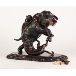 JAPANESE MEIJI PERIOD PATINATED BRONZE GROUP, modelled as two tigers attacking a rearing elephant, 9