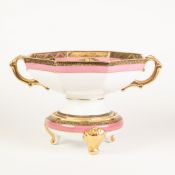 NORITAKE HAND PAINTED TWO PART OCTAGONAL PEDESTAL BOWL, of two handled octagonal form, the