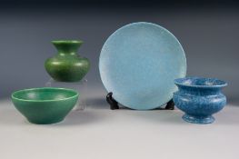 FOUR PIECES OF MOTTLED, MATT GLAZED ROYAL LANCASTRIAN POTTERY, comprising: BLUE VASE, 3 ¼" (8.2cm)