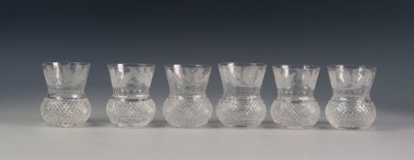 SET OF SIX EDINBURGH CRYSTAL WHISKY TUMBLERS, thistle shaped, the tops finely thistle engraved